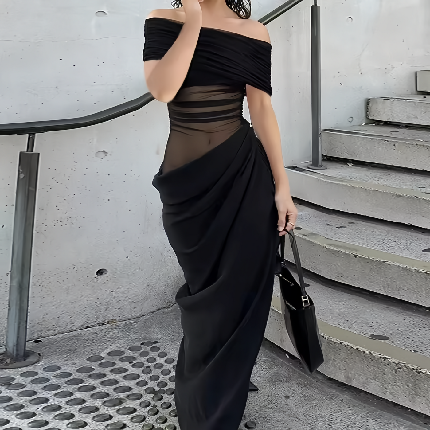 Lara Off Shoulder Ruched Mesh Maxi Dress