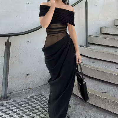 Lara Off Shoulder Ruched Mesh Maxi Dress
