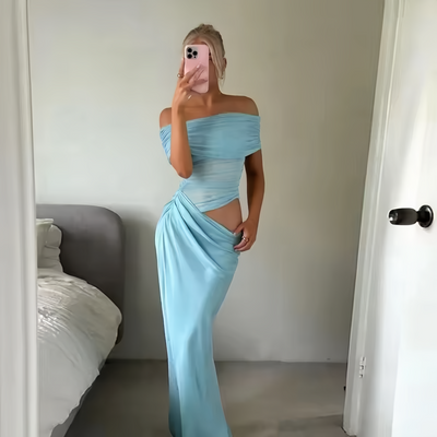 Lara Off Shoulder Ruched Mesh Maxi Dress