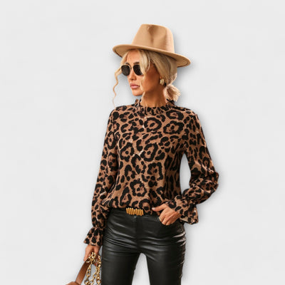 Kayla™ Luipaard Blouse met Plissé Kraag