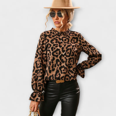 Kayla™ Luipaard Blouse met Plissé Kraag