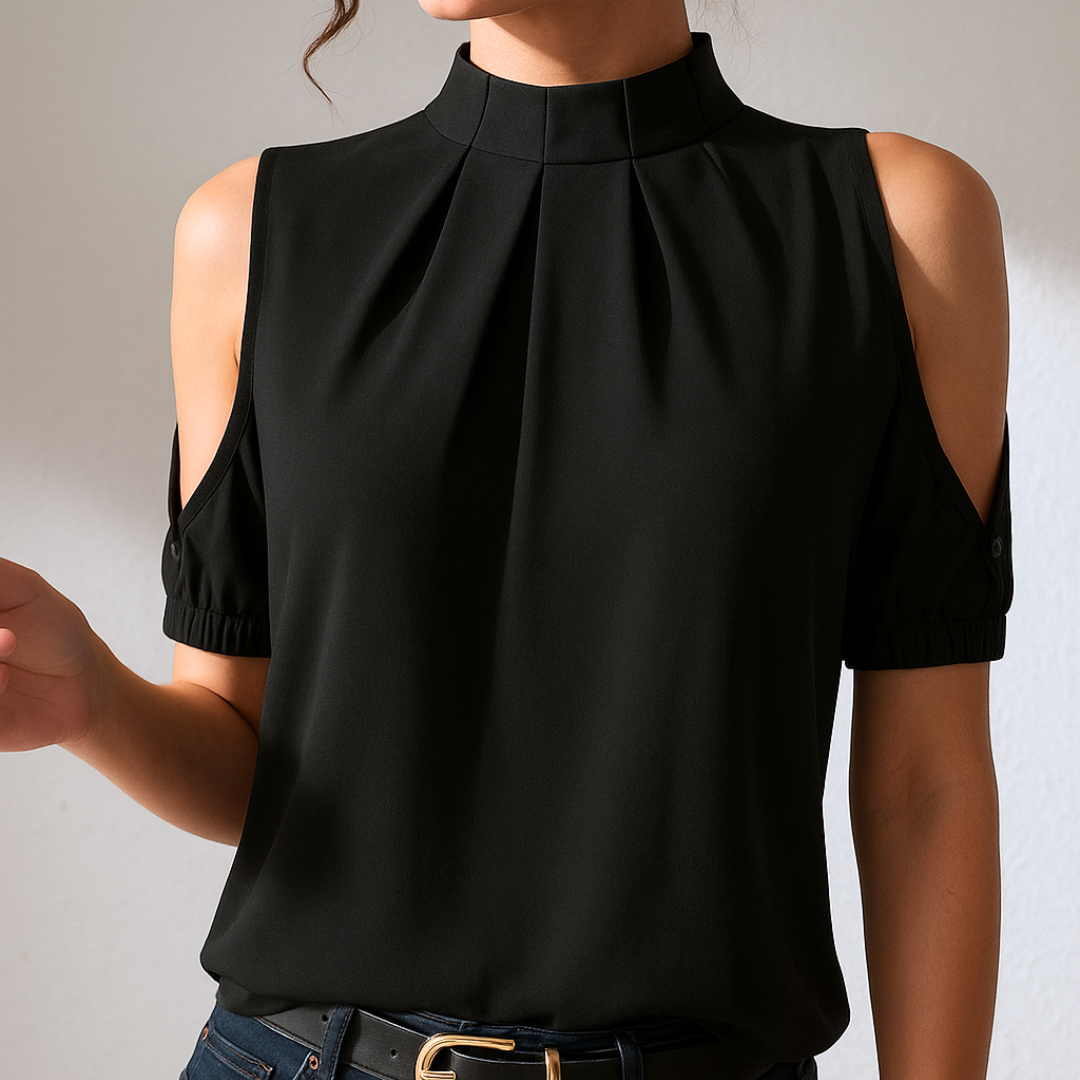 Catharina™ | Zwarte Geplooide Blouse Met Gespleten Mouwen