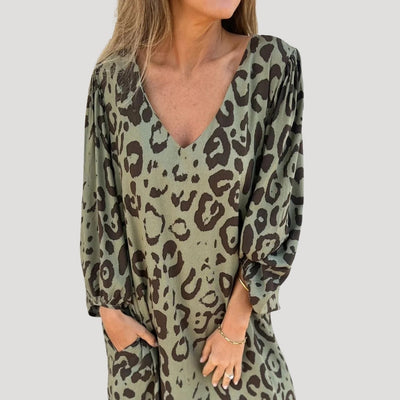 Mary - Dames maxi jurk met luipaardprint en v-hals voor de zomer