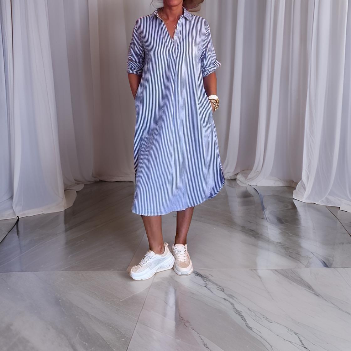 Alina™ | Gestreepte Hemdblusenkleed met Knopsluiting