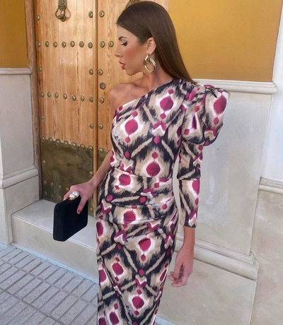 Yllana - Lila Puff-Een-Schouder-Midi-Jurk