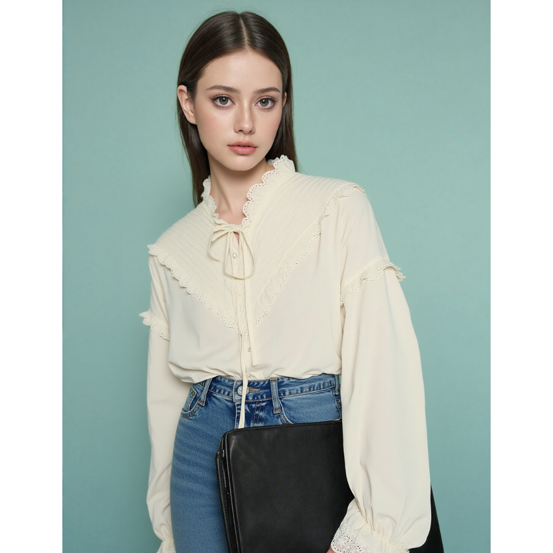 Aurélie - Franse Vlinderdas Tied Lange Mouwen Shirt