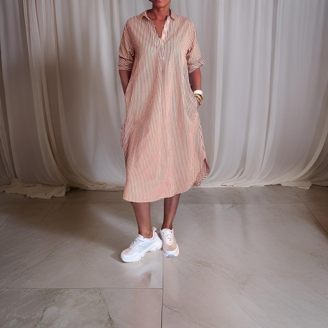 Alina™ | Gestreepte Hemdblusenkleed met Knopsluiting
