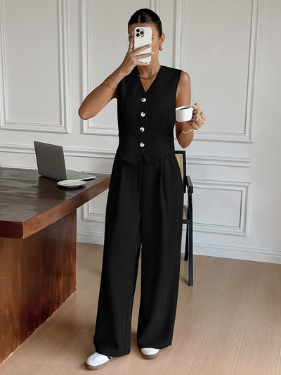 Sara - Mouwloze Knop-Up Vest & Brede Pantalon Set