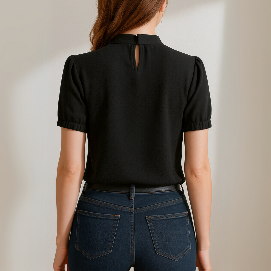 Catharina™ | Zwarte Geplooide Blouse Met Gespleten Mouwen