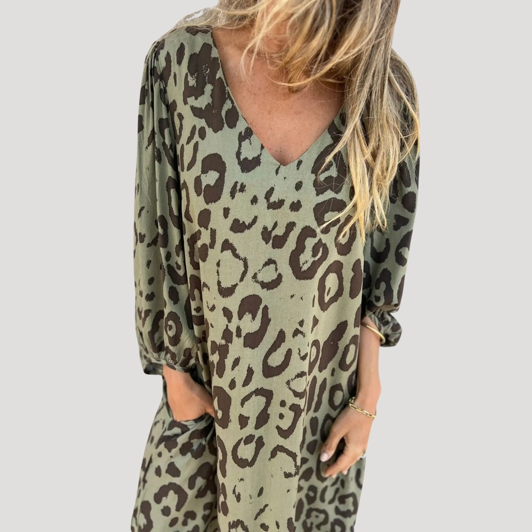 Mary - Dames maxi jurk met luipaardprint en v-hals voor de zomer