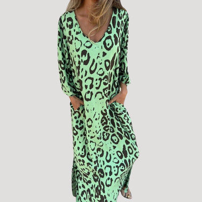 Mary - Dames maxi jurk met luipaardprint en v-hals voor de zomer