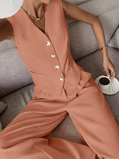Sara - Mouwloze Knop-Up Vest & Brede Pantalon Set