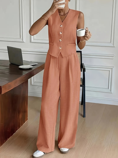 Sara - Mouwloze Knop-Up Vest & Brede Pantalon Set