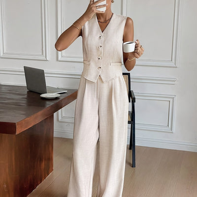 Sara - Mouwloze Knop-Up Vest & Brede Pantalon Set