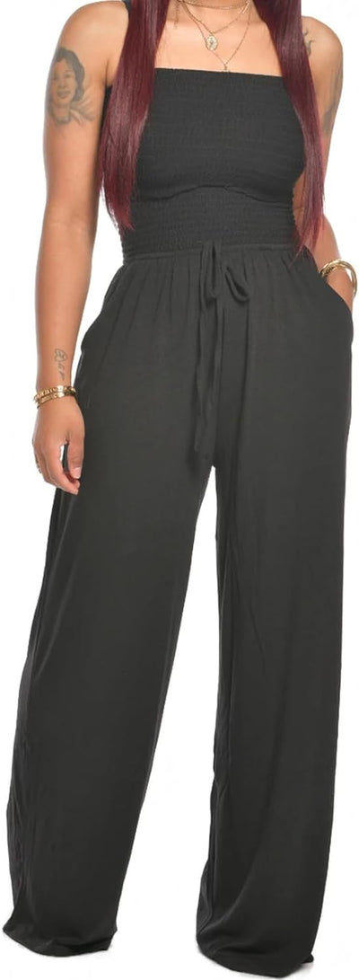 Lola - Schoudervrije Effen Gsmokte Jumpsuit