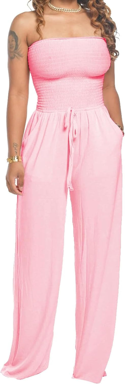 Lola - Schoudervrije Effen Gsmokte Jumpsuit