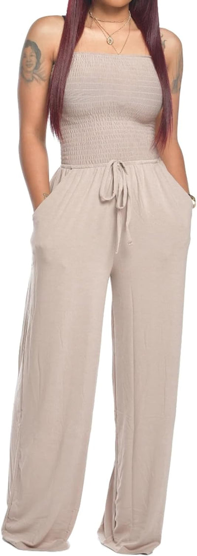 Lola - Schoudervrije Effen Gsmokte Jumpsuit