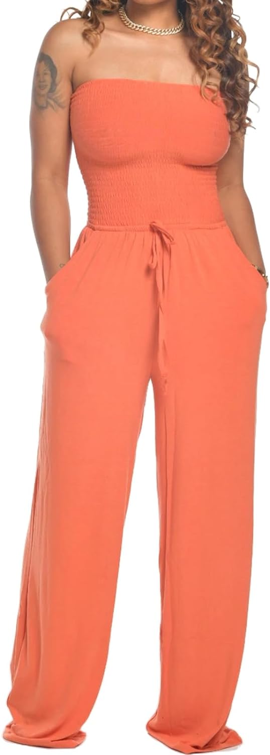 Lola - Schoudervrije Effen Gsmokte Jumpsuit