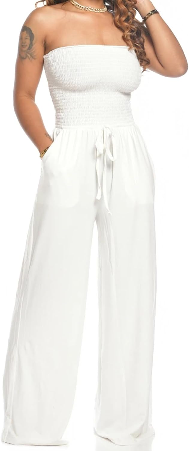 Lola - Schoudervrije Effen Gsmokte Jumpsuit