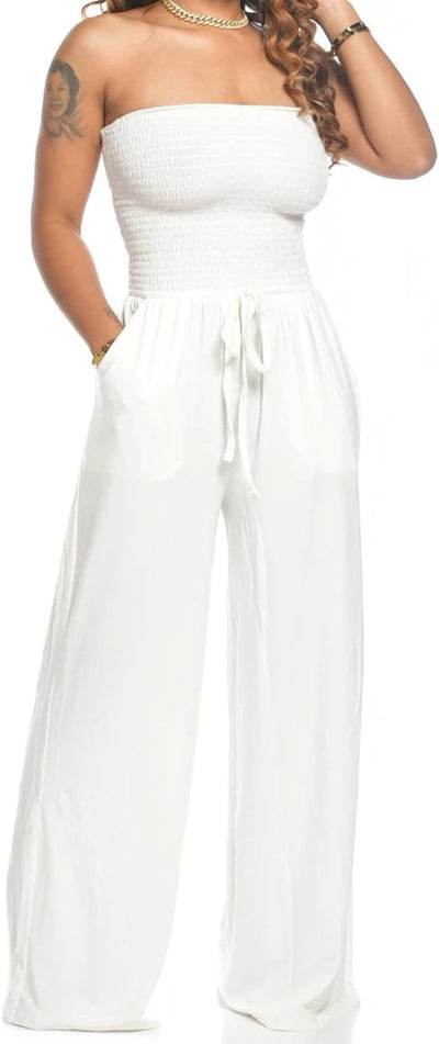 Lola - Schoudervrije Effen Gsmokte Jumpsuit