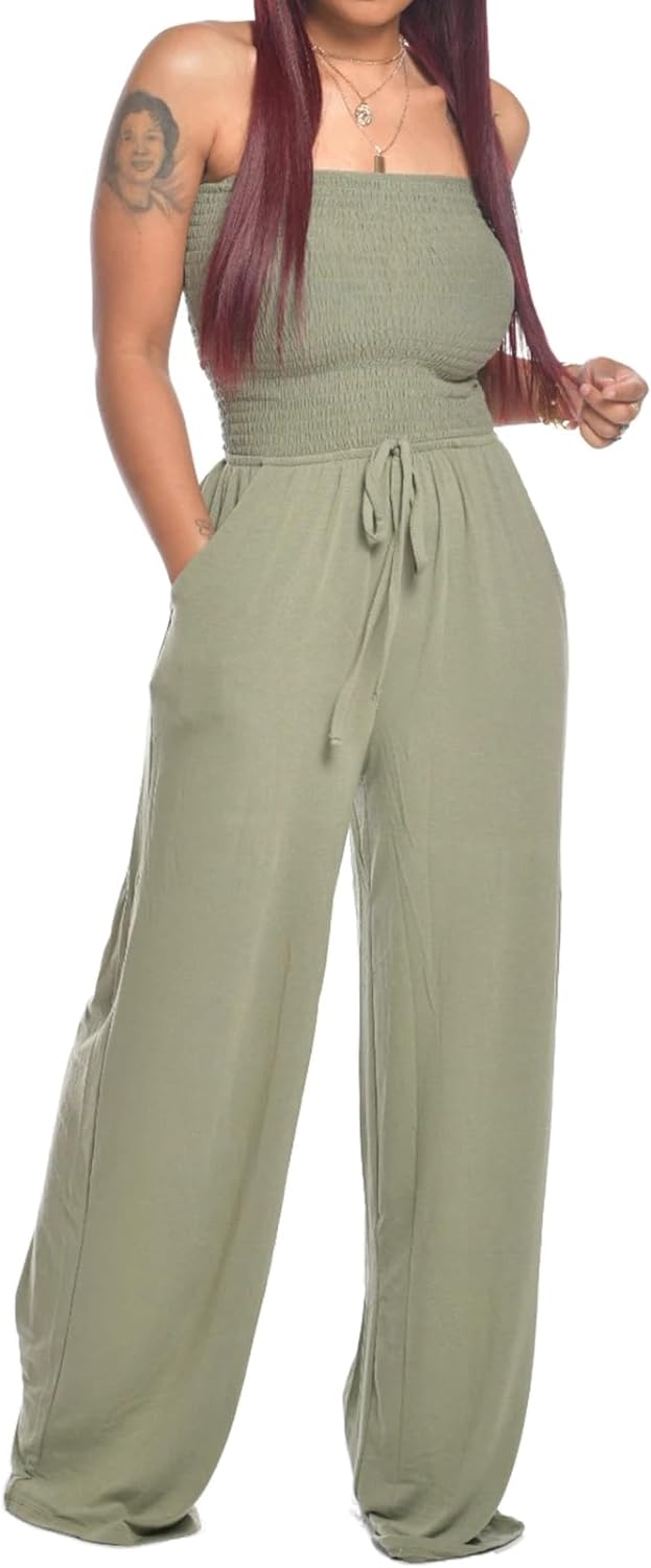 Lola - Schoudervrije Effen Gsmokte Jumpsuit