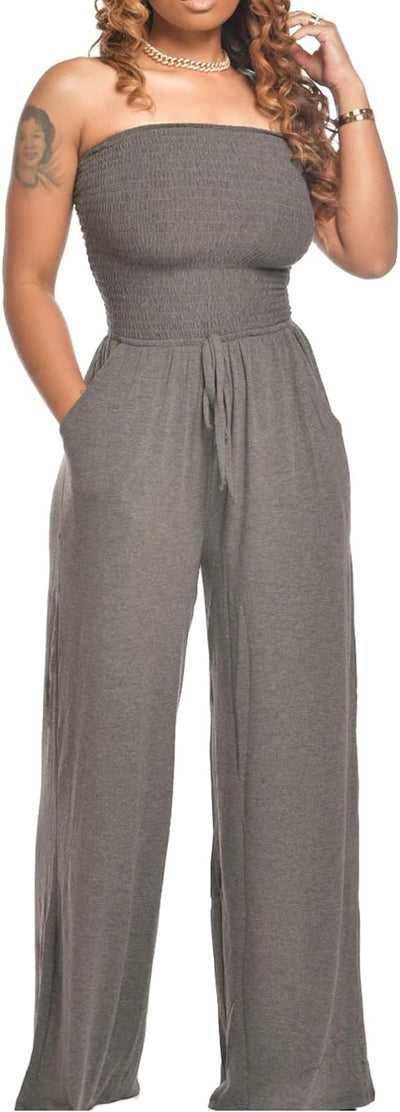 Lola - Schoudervrije Effen Gsmokte Jumpsuit