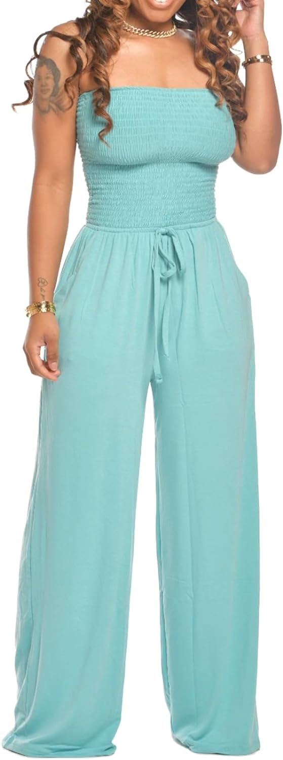 Lola - Schoudervrije Effen Gsmokte Jumpsuit