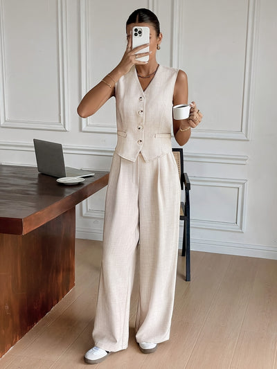 Sara - Mouwloze Knop-Up Vest & Brede Pantalon Set
