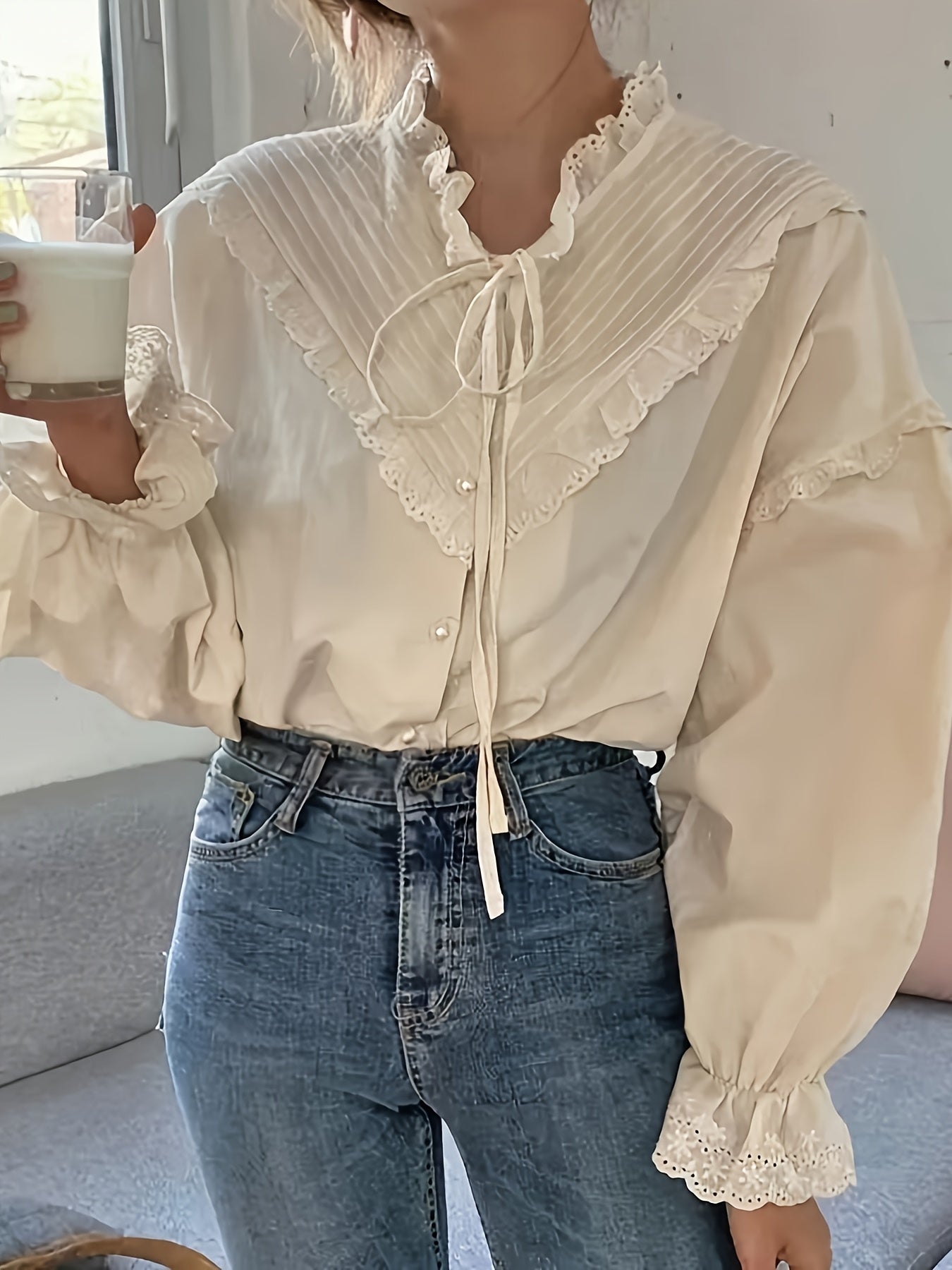 Aurélie - Franse Vlinderdas Tied Lange Mouwen Shirt