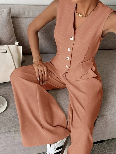 Sara - Mouwloze Knop-Up Vest & Brede Pantalon Set
