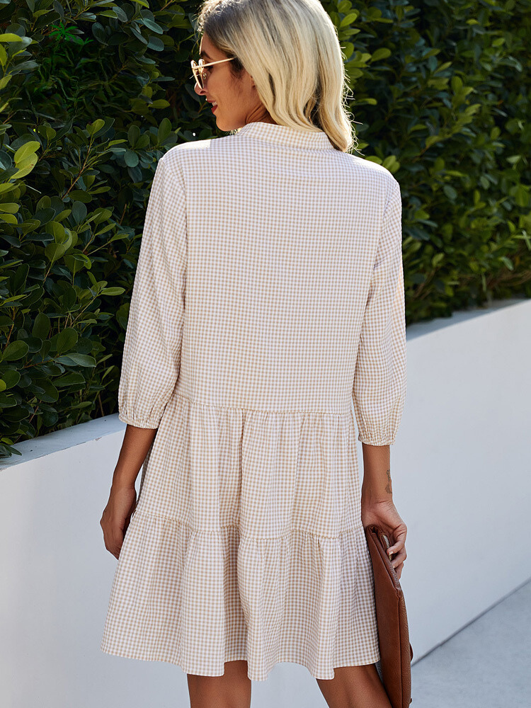 Emy - Elegante Ruitpatroon Cardigan Jurk met Hoge Kraag