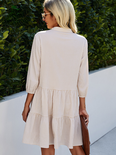 Emy - Elegante Ruitpatroon Cardigan Jurk met Hoge Kraag