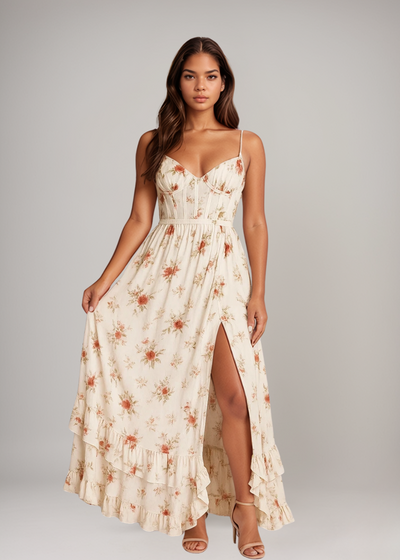 Yana™ | Maxijurk met Ruches & Bloemenpatroon