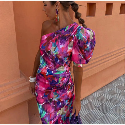 Yllana - Lila Puff-Een-Schouder-Midi-Jurk
