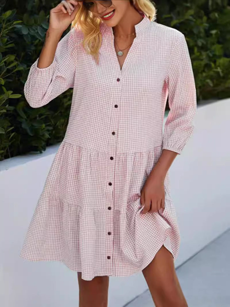 Emy - Elegante Ruitpatroon Cardigan Jurk met Hoge Kraag