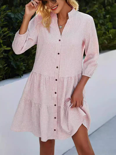 Emy - Elegante Ruitpatroon Cardigan Jurk met Hoge Kraag