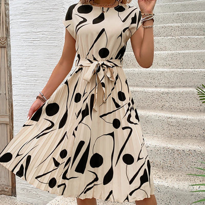 Roos - Jurk met vetersluiting, geplooide ronde hals rok