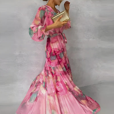Lirea™ | Chiffon-Maxijurk met Aquarelprint