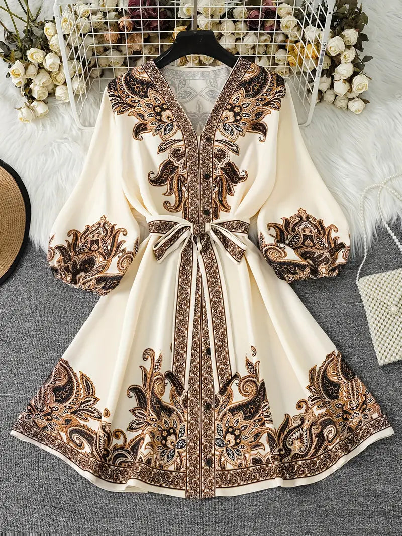 Jolien - A-lijn Jurk met V-hals en Paisleyprint