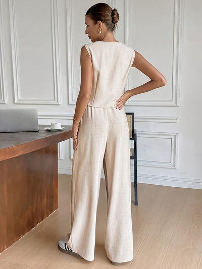 Sara - Mouwloze Knop-Up Vest & Brede Pantalon Set