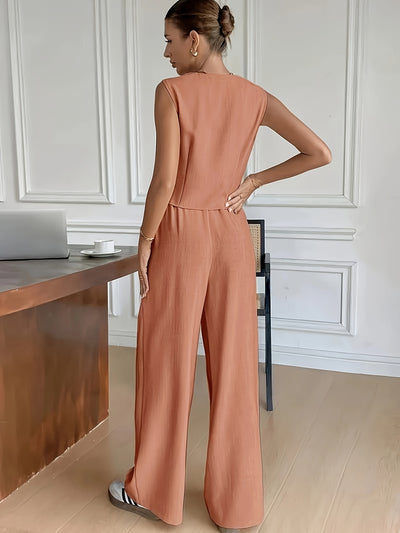 Sara - Mouwloze Knop-Up Vest & Brede Pantalon Set
