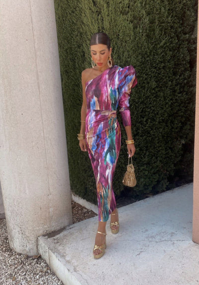 Yllana - Lila Puff-Een-Schouder-Midi-Jurk