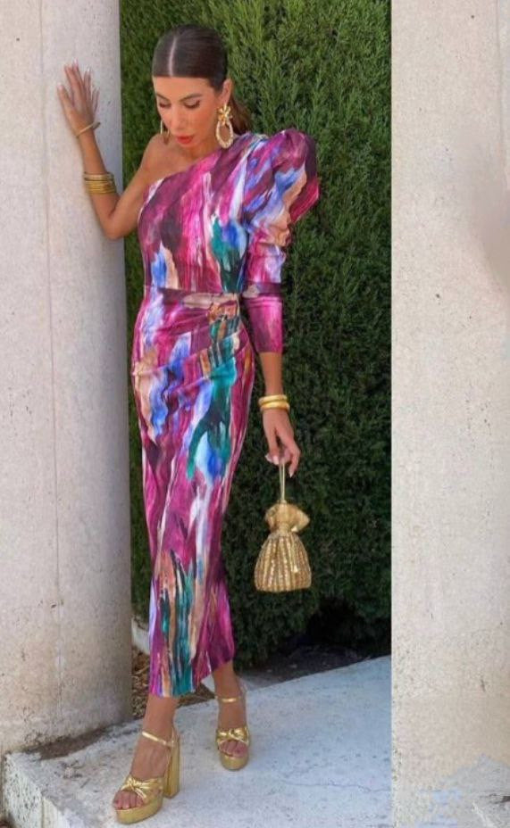 Yllana - Lila Puff-Een-Schouder-Midi-Jurk