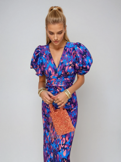 Arielle - Kleurrijke Midikleed met geplooide mouwen