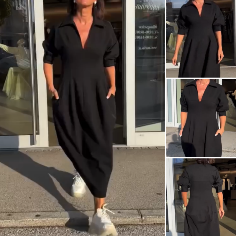 Victoria - Midi-jurk met V-hals, revers en getailleerde taille