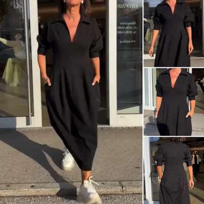 Victoria - Midi-jurk met V-hals, revers en getailleerde taille
