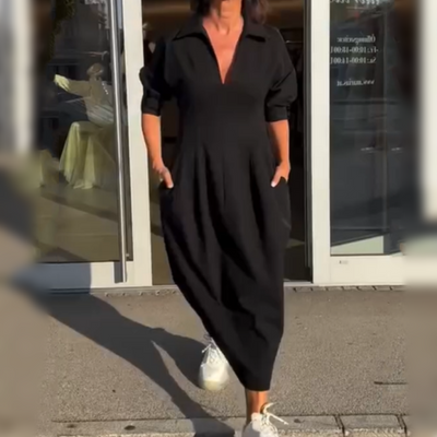 Victoria - Midi-jurk met V-hals, revers en getailleerde taille