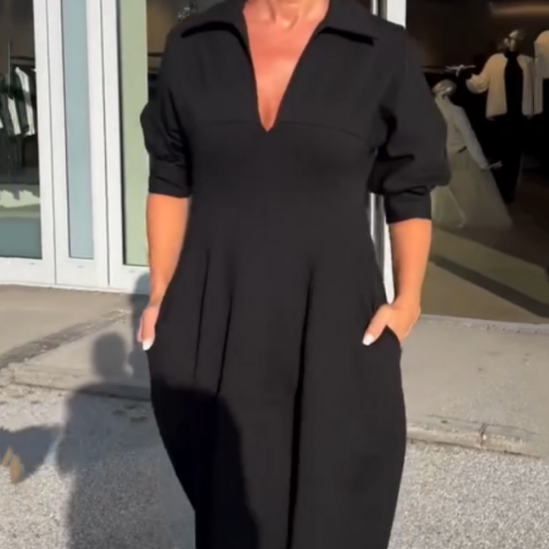 Victoria - Midi-jurk met V-hals, revers en getailleerde taille