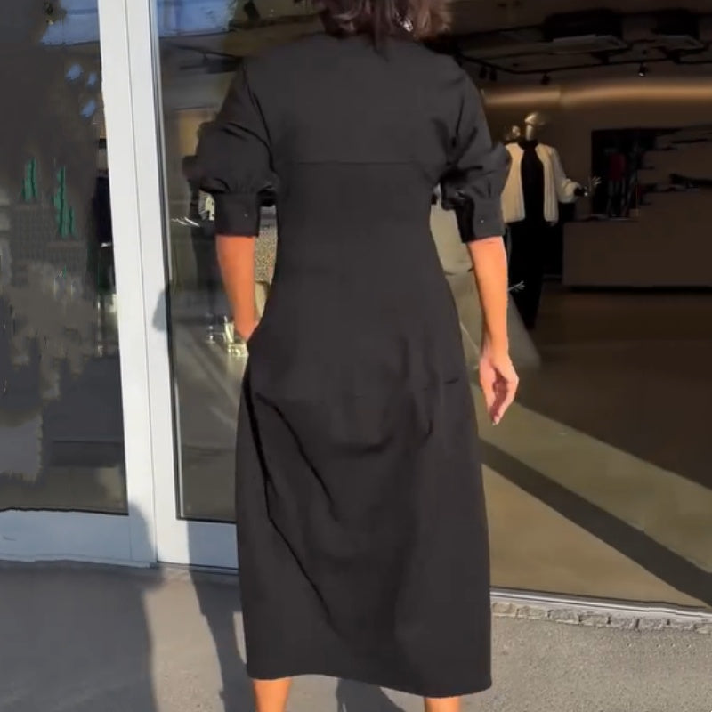 Victoria - Midi-jurk met V-hals, revers en getailleerde taille