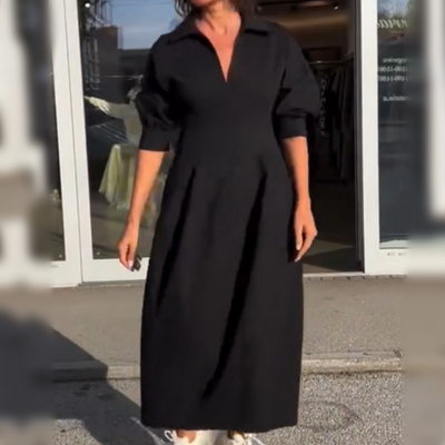 Victoria - Midi-jurk met V-hals, revers en getailleerde taille